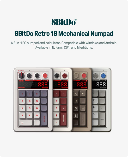 8BitDo - Retro 18 Mechanical Numpad, Supports Calculator Mode, Bluetooth/2.4G/Wired Numpad for Windows and Android